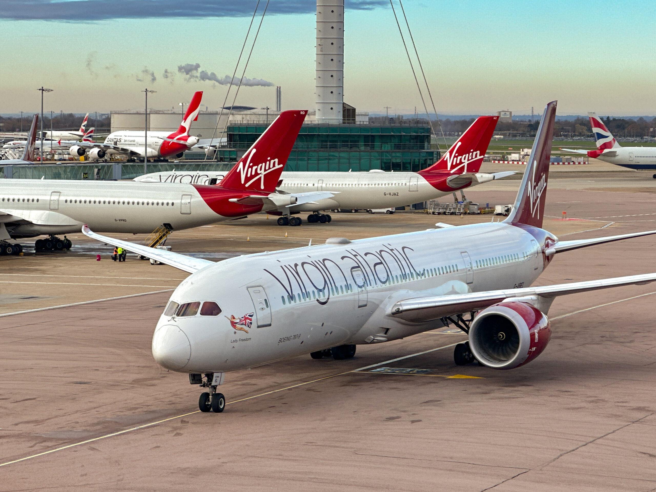 Virgin Atlantic Airways Boeing 787 taxiing to Terminal 3 at London Heathrow airport.